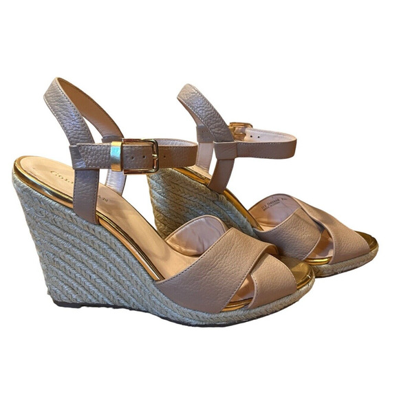 Cole Haan Heels Womens 8.5 B Hart Slingback Espadrille Wedge Beige Faux Leather - Picture 1 of 12
